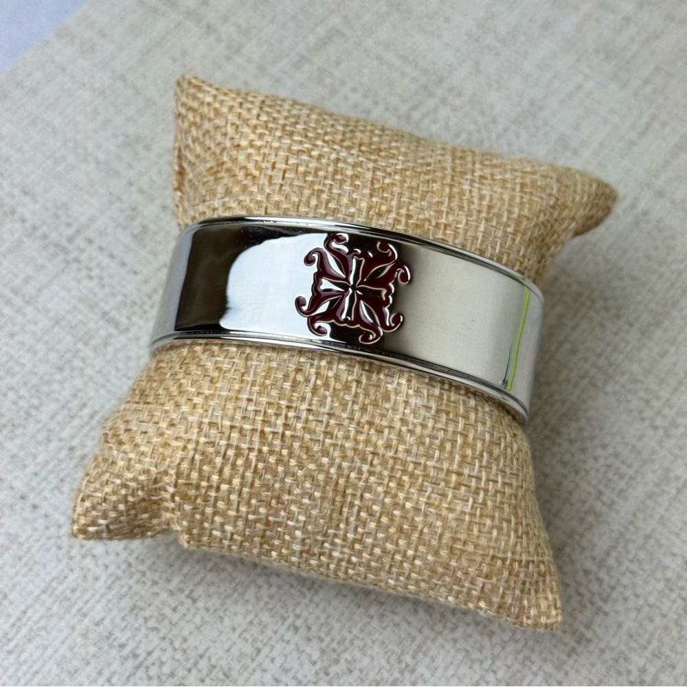 Rustic Cuff Tonya silver tone red logo emblem cuff bracelet